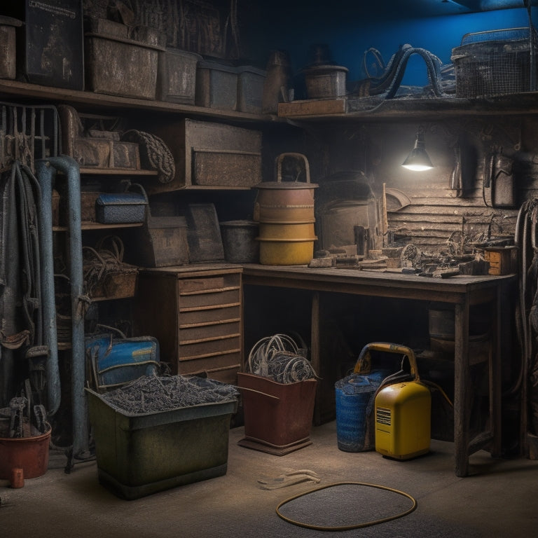 A dimly lit, cluttered basement with scattered tools, tangled cords, and rusty machinery parts, contrasted with a sleek, organized corner featuring a custom-built tool storage system with labeled bins and hooks.