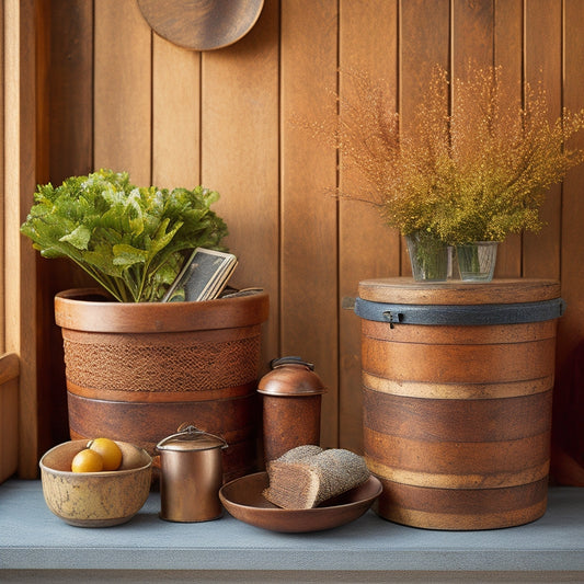 A beautifully styled still life featuring 3-5 wooden bins of varying sizes, with clean lines, natural wood tones, and ornate metal handles, arranged artfully on a rustic wooden table or shelf.