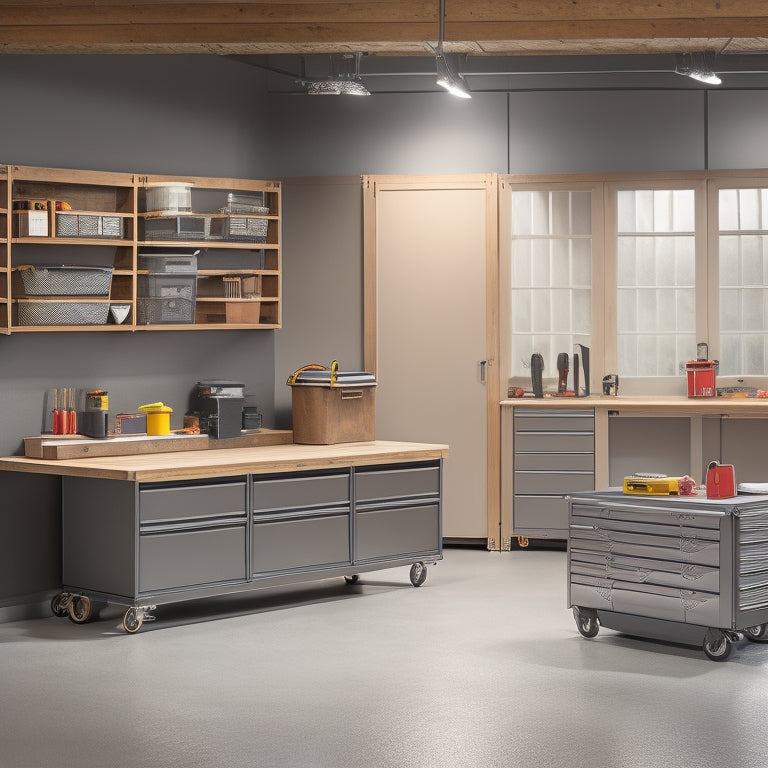 A clutter-free garage workshop with 7 rollaway tool chests of varying sizes, each with shiny metal handles, neatly organized tools, and subtle lighting, against a neutral grey background.