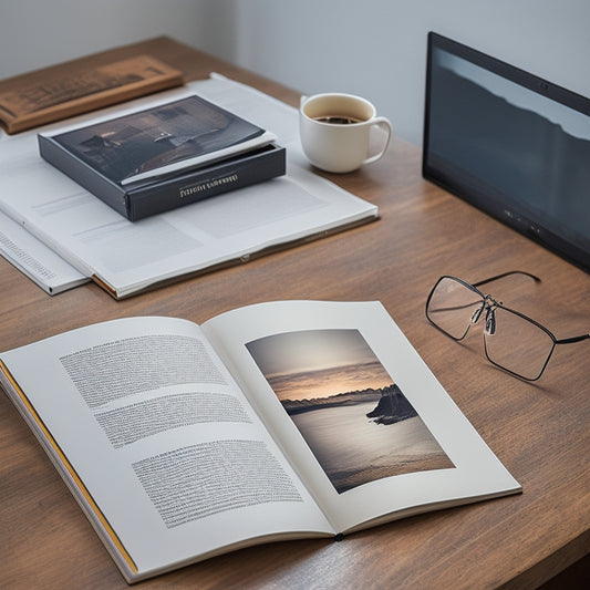 A split-screen image featuring a minimalist desk with a laptop open to a digital catalog on the left, and a physical catalog with flipped pages and a pair of glasses on the right.