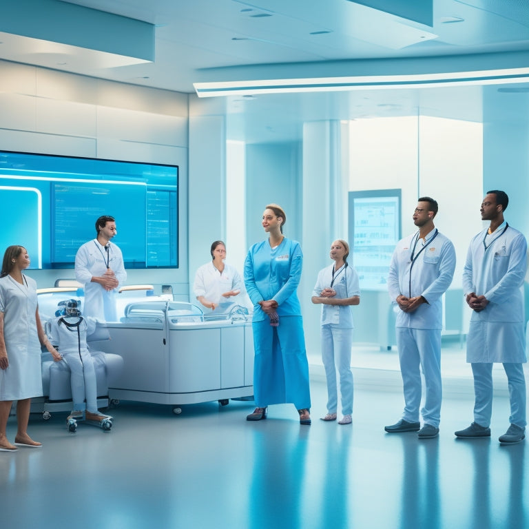 A futuristic hospital background with sleek, white surfaces and minimalist furniture, featuring a diverse group of smiling healthcare professionals standing together, surrounded by holographic screens and medical robots.