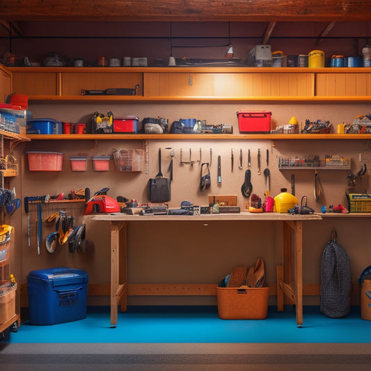 A well-organized garage with a large pegboard on the wall, various tools and accessories hanging from hooks, bins, and baskets, with a workbench and toolbox in the background, lit by a single overhead light.