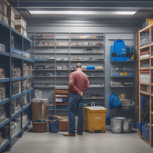 A well-organized garage with a person in the background, surrounded by tools and materials, standing in front of a newly built shelving unit with labeled bins and a ladder leaning against it.