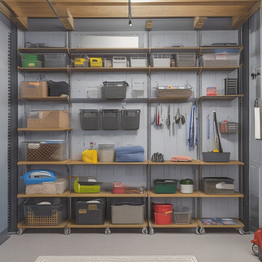 A well-organized garage with slatwall panels, hooks, and bins, showcasing a pegboard with hanging tools, a shelving unit with labeled baskets, and a floor-to-ceiling storage cabinet with a sliding door.
