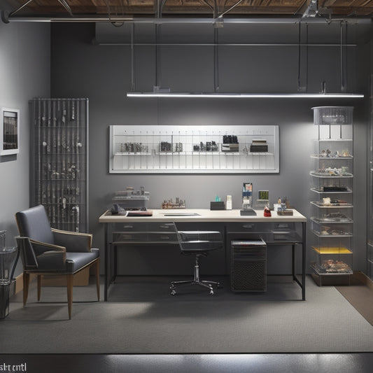 A well-lit, modern studio with a sleek, silver jewelry-making workstation at its center, surrounded by transparent storage bins, rotating display cases, and a pegboard with neatly hung tools.