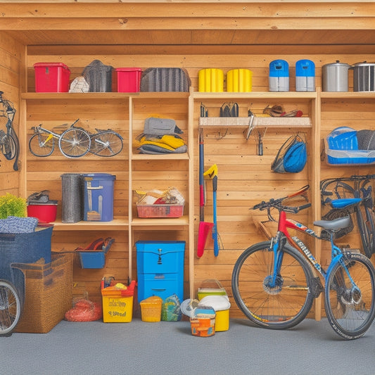A well-organized garage with slatted wall panels, hooks, and bins storing seasonal items like camping gear, winter sports equipment, and summer toys, with a few bicycles and a lawn mower in the background.