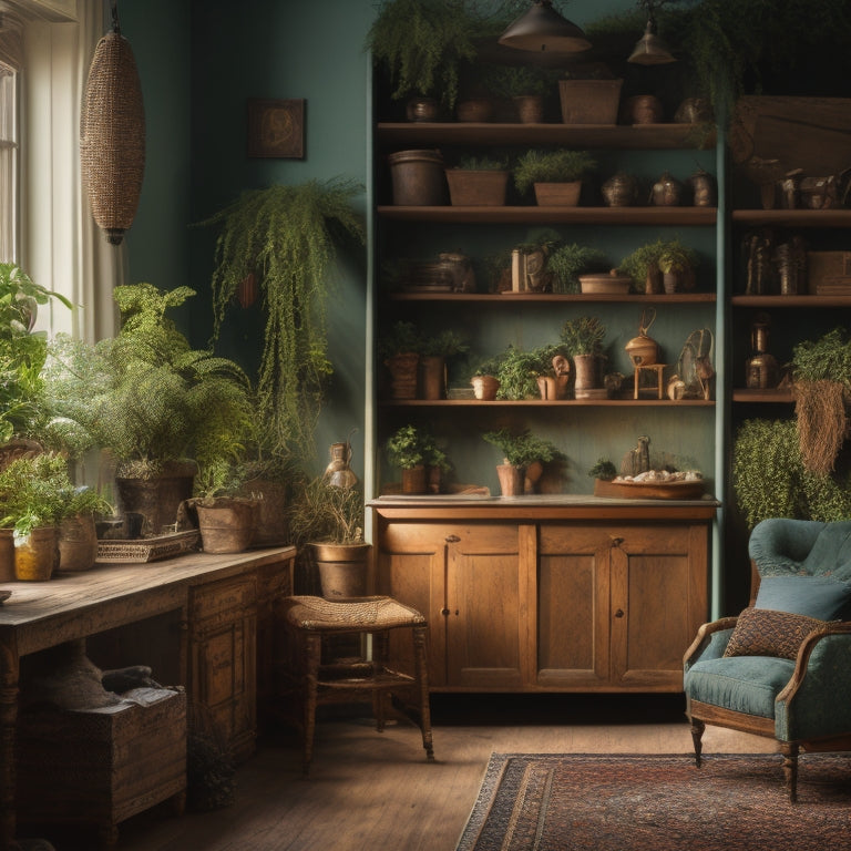 A cluttered, dimly lit room with worn-out furniture and peeling wallpaper transforms into a bright, airy space with refurbished wooden shelves, vibrant greenery, and a statement light fixture.