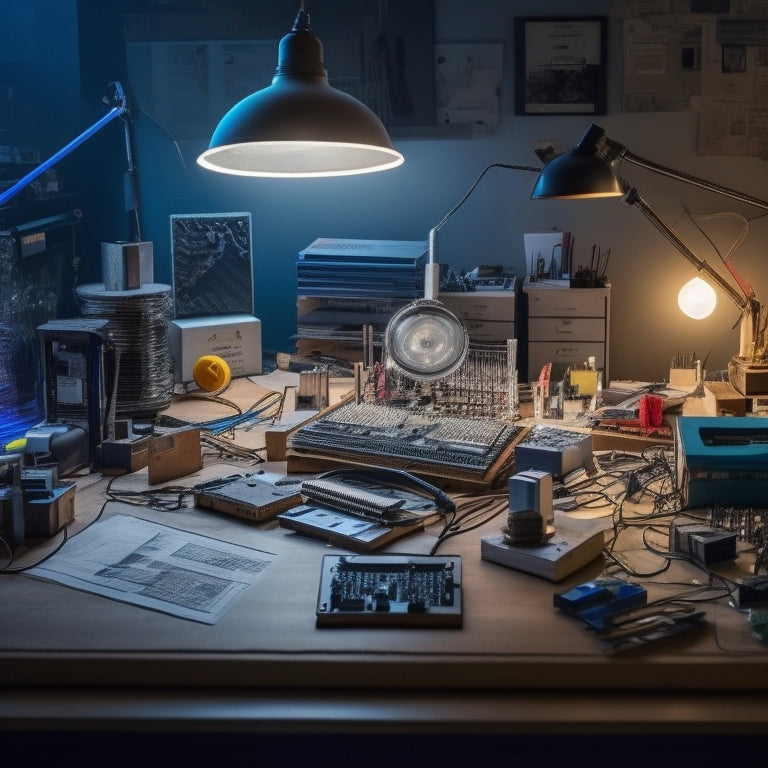 A cluttered workbench with various electronic components, wires, and circuit boards, surrounded by diagrams and schematics, with a partially built XO circuit in the center, lit by a single desk lamp.