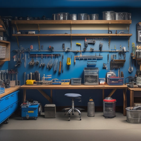 A well-organized garage with a variety of tools and equipment, featuring a central workbench with a neatly wired electrical system, surrounded by labeled circuit breakers and a color-coded wiring diagram on the wall.