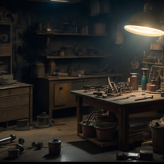 A dimly lit workshop with scattered tools, rusty machinery, and half-finished projects, featuring a cluttered workbench with drill bits and screws spilling out of overflowing containers.