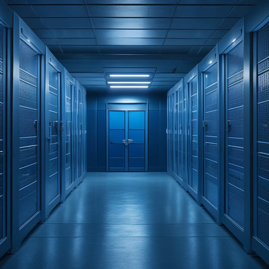 A dimly lit, modern bunker with sleek metal walls and rows of futuristic storage units, illuminated by soft blue LED lights, with a large, secure door in the background.