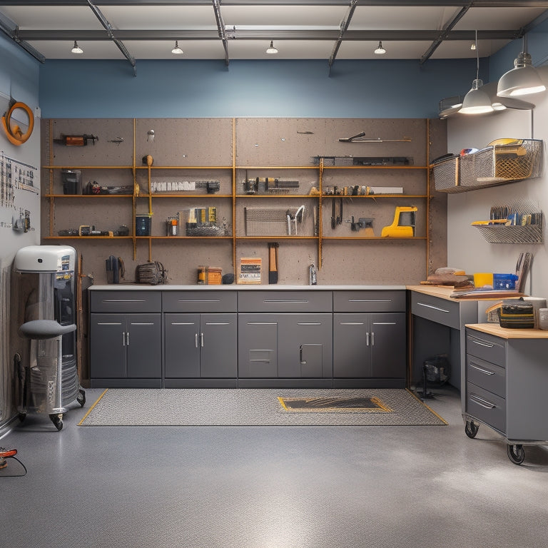 A bright, well-lit garage with sleek, gray cabinets, a pegboard, and a workbench, featuring a few neatly organized tools and a single, shiny car, surrounded by a spotless, epoxy-coated floor.