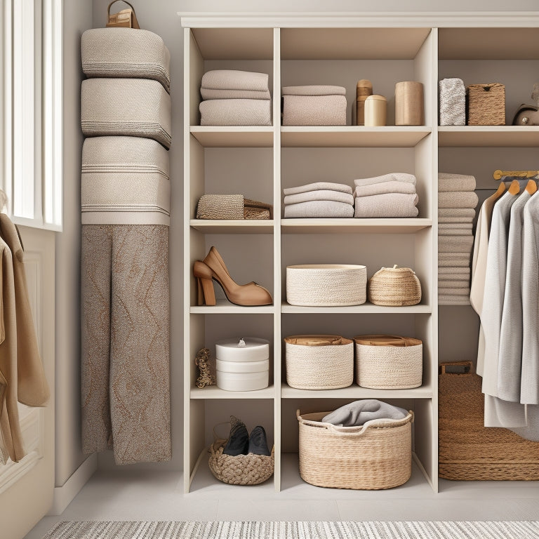 A tidy, modern closet with 5-7 stackable, woven storage bins in neutral colors (beige, gray, white) with lids, placed on a wooden shelf, against a soft, creamy background, with a few carefully placed decorative objects.