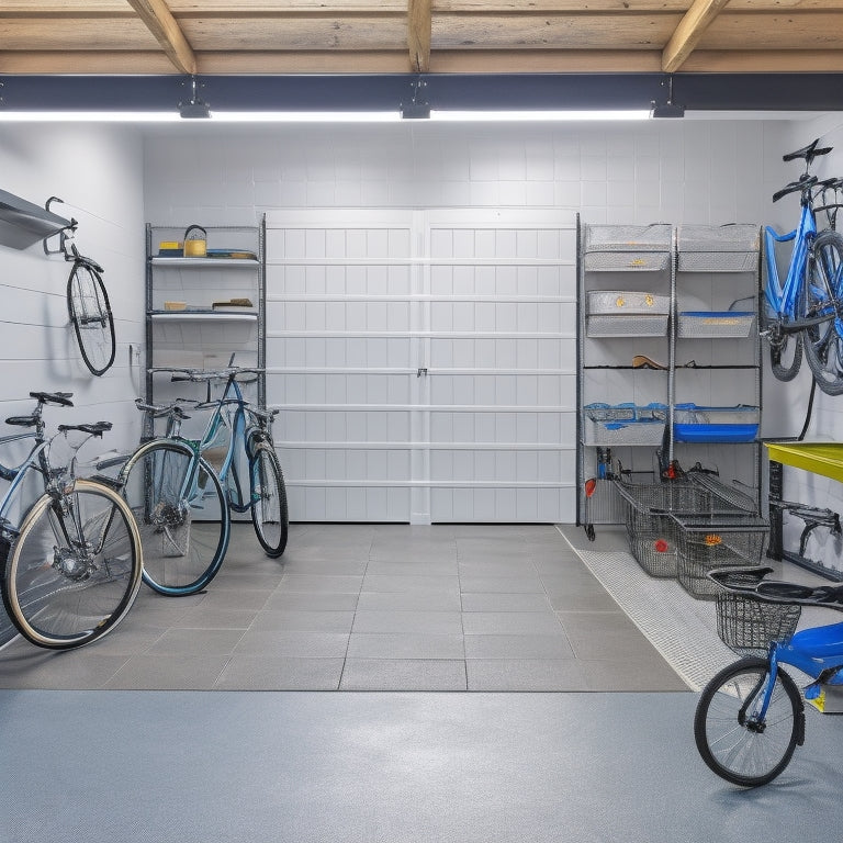 A well-organized garage with a slatwall featuring hooks, bins, and baskets, surrounded by a sleek epoxy-coated floor, and a ceiling-mounted bike lift, with a few neatly parked bikes and a tidy workbench.