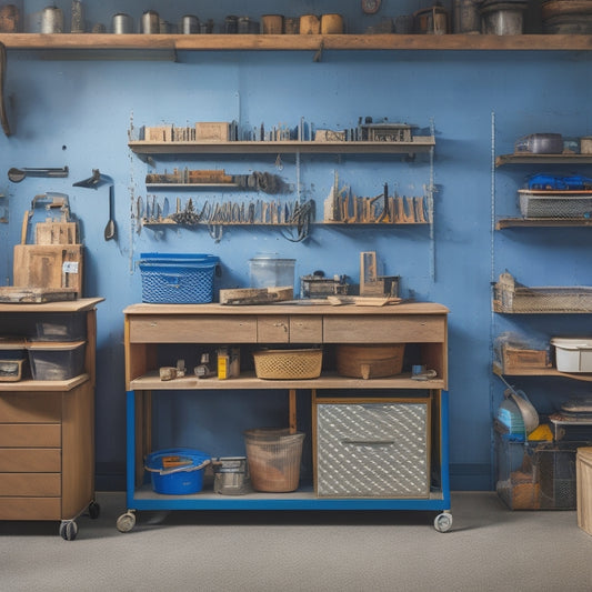 A tidy workshop with a pegboard covered in neatly arranged tools, a labeled storage cabinet, and a mobile cart with stacked drawers, surrounded by a clean and organized floor.