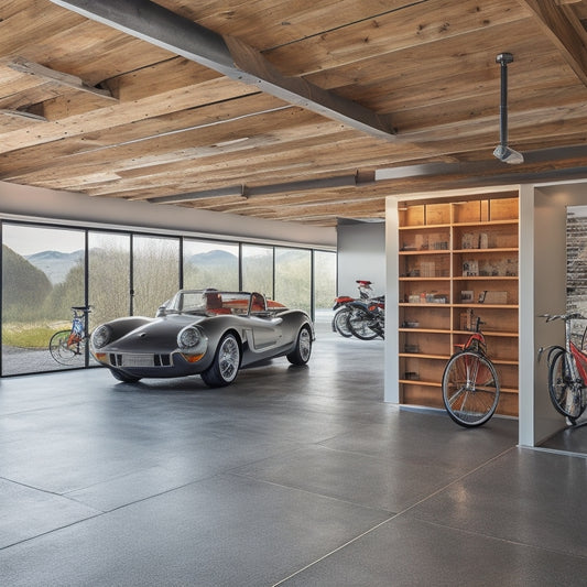 A sleek, modern garage with polished concrete floors, gleaming silver cabinets, and a statement ceiling featuring exposed wooden beams, surrounded by sleek sports cars and bicycles.