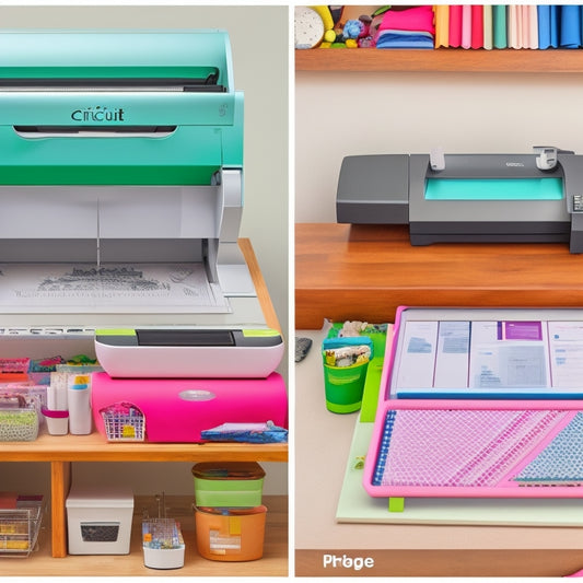 A split-screen image featuring a Cricut machine on a craft desk surrounded by rolls of paper, vinyl, and tools on one side, and a close-up of the machine's control panel with buttons and screens on the other.