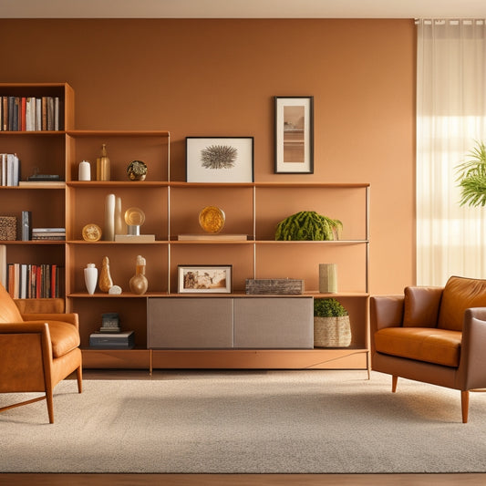 Generate an image of a modern living room with a sleek, floor-to-ceiling shelving unit featuring five asymmetrical shelves in a warm, honey-brown wood tone, adorned with decorative vases and a few art books.