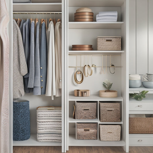 A tidy, minimalist closet with various storage solutions: stacked velvet-lined trays, hanging organizers with pockets, a rotating jewelry armoire, and a shelf with woven baskets, all in a calming, light-wood tone.