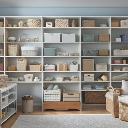 A clutter-free room with 3-5 portable shelving units of varying sizes and styles, each filled with organized storage bins, baskets, and decorative items, against a light-colored background.