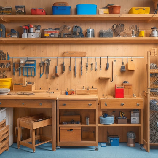 A clutter-free woodworking workshop with neatly organized tools and materials, featuring a pegboard with hanging accessories, labeled bins, and a compact workbench with built-in storage compartments.