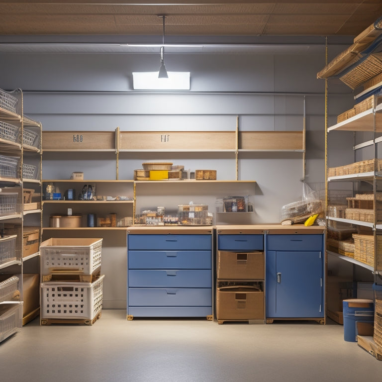 A tidy storage room with labeled bins, stacked crates, and a pegboard with hanging tools, surrounded by a clean concrete floor and bright overhead lighting, evoking a sense of calm organization.