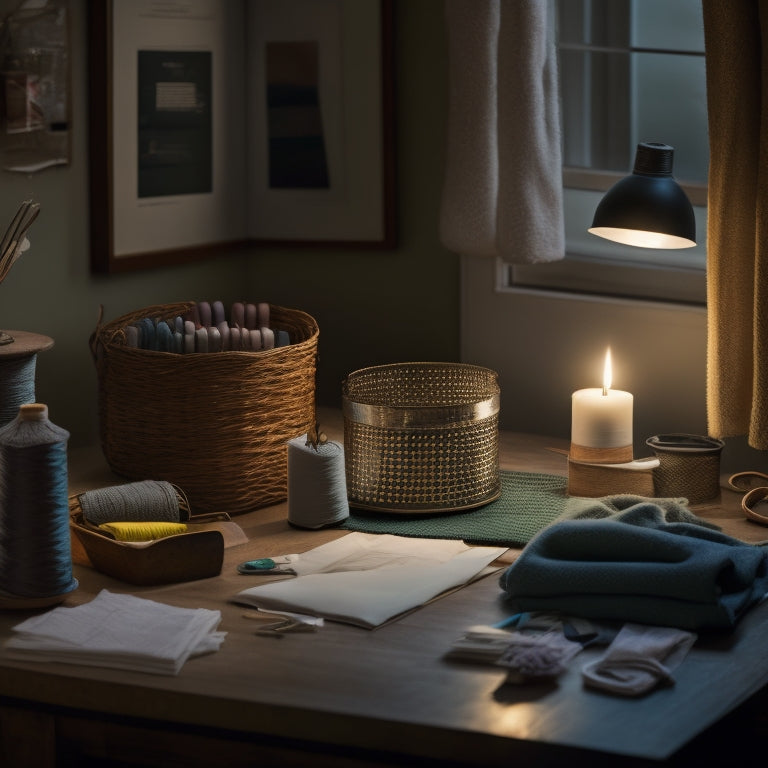 A beautifully lit, minimalist workspace with Madamsew's metal basket centrally placed, filled with neatly rolled sewing threads, surrounded by scattered fabric scraps, and a few strategically placed sewing tools.