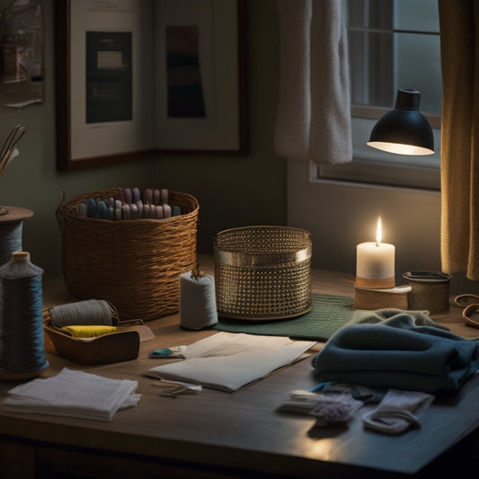 A beautifully lit, minimalist workspace with Madamsew's metal basket centrally placed, filled with neatly rolled sewing threads, surrounded by scattered fabric scraps, and a few strategically placed sewing tools.