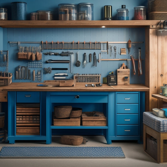 A clutter-free workbench with a mix of tools and organizers, including a pegboard with hanging accessories, a socket set on a rotating tray, and a chest with labeled drawers.