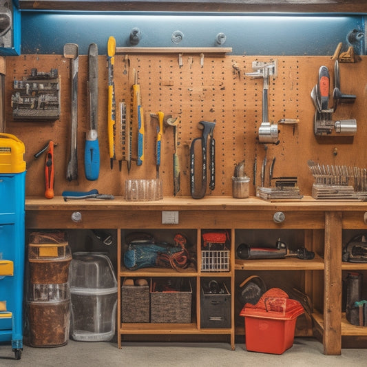 A clutter-free workshop with a pegboard on the wall, holding various tools like hammers, screwdrivers, and pliers, alongside a stack of labeled storage bins and a portable tool chest on a workbench.