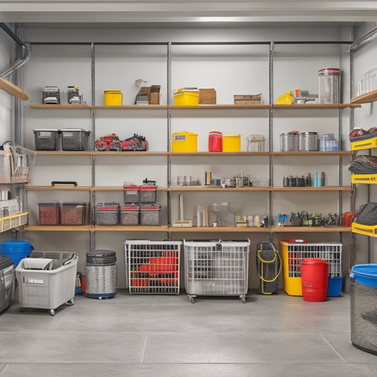 A well-organized garage with five different shelving units, each with distinct design and functionality, showcasing various storage bins, tools, and accessories, with a clean and clutter-free background.