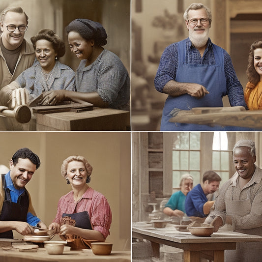 An image depicting a diverse group of people with varying abilities, smiling and engaged in different vocational activities, such as woodworking, cooking, and painting, with subtle hints of Georgian architecture in the background.