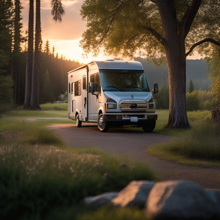 A serene RV parked in a scenic campsite with a subtle lock and key visible on the door, surrounded by lush greenery and a faint hint of a sunset in the background.