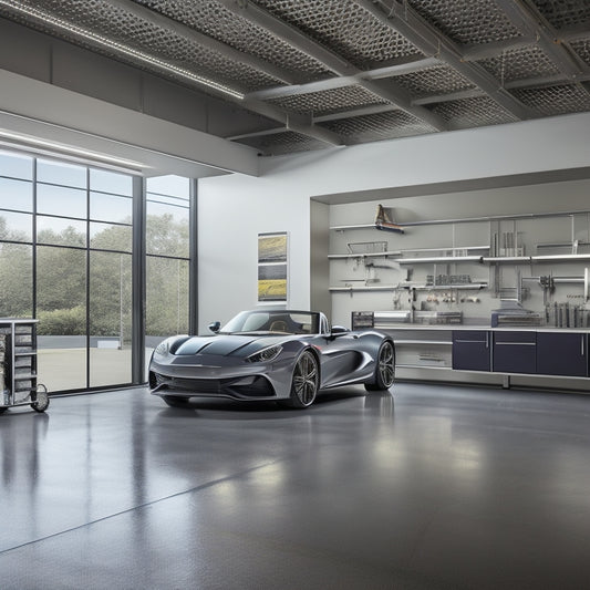 A bright, modern garage with epoxy-coated flooring in a metallic silver finish, surrounded by sleek cabinetry, a stainless steel workbench, and a few sports cars in the background.