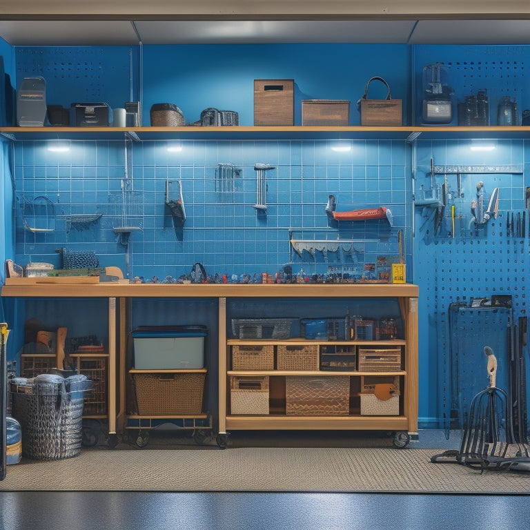 A well-lit, organized garage with a prominent pegboard covering an entire wall, adorned with various tools, baskets, and accessories in a sleek, modern color scheme, surrounded by a tidy workbench and floor.