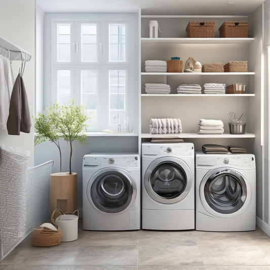 A tidy, modern laundry room with three-tiered bin shelf units in white and silver, holding neatly labeled baskets and bins, surrounded by sleek appliances and a minimalist backdrop.