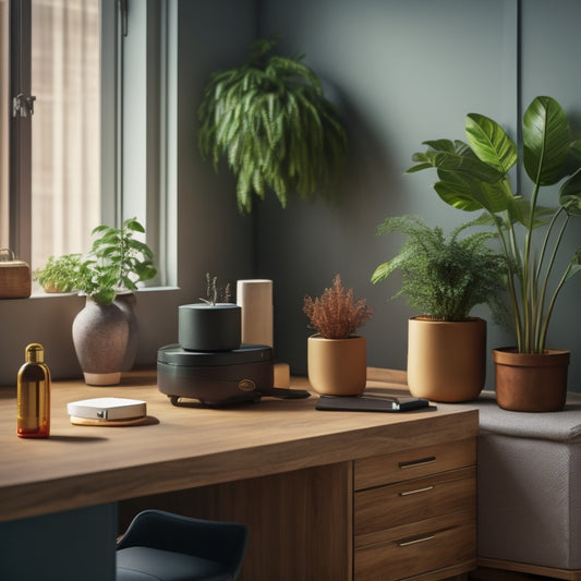 A serene, well-lit room with a minimalist aesthetic, featuring a sleek wooden desk with a few neatly labeled storage bins, a cordless vacuum, and a few carefully arranged decorative plants.