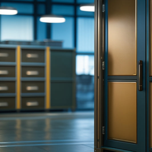 A close-up of a sleek, industrial-grade metal cabinet with reinforced doors and heavy-duty handles, set against a blurred factory background with machinery and tools in the distance.