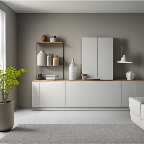 A serene, modern room with a minimalist aesthetic, featuring a variety of stylish storage bin cabinets in different shapes, sizes, and materials, against a clean white or light-gray background.