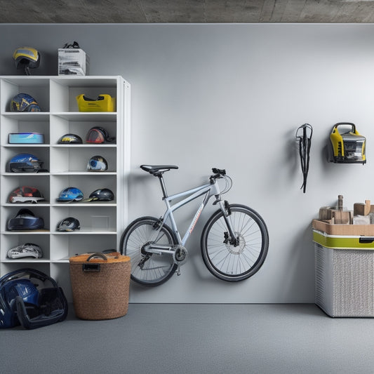 A tidy, well-lit garage with a single, sleek, white wall-mounted shelf holding a few neatly arranged storage bins, a small toolbox, and a bicycle helmet, against a warm, gray concrete background.