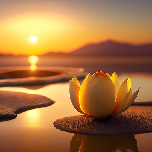 A serene, minimalist background with a golden sunrise, featuring a stylized, curved arrow emerging from a worn, old keyhole, transforming into a blooming lotus flower with petals unfurling.