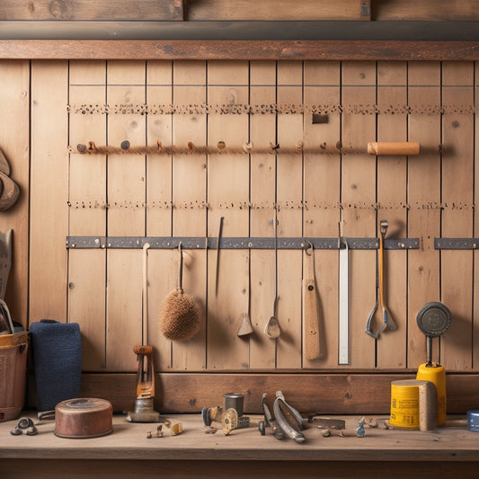 A rustic wooden pegboard with various tools hung from hooks, including a hammer, tape measure, and level, surrounded by a few scattered screws and a worn workbench in the background.