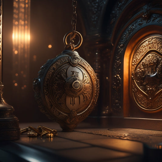 A dimly lit, mysterious background with a large, ornate keyhole at its center, surrounded by various shiny keys, locks, and metallic gadgets, with subtle shadows and warm lighting effects.