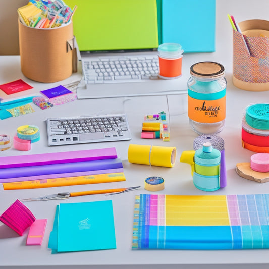 A colorful, organized desk scene with a laptop, a few printed planner pages, scissors, glue, and a cup of coffee, surrounded by craft supplies and decorated with washi tape and stickers.