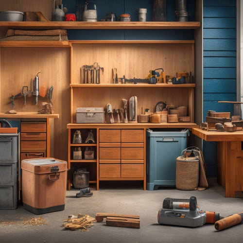 A clutter-free workshop with a large, stainless steel tool storage chest against a clean, gray concrete wall, surrounded by neatly arranged power tools and a few scattered wood shavings.