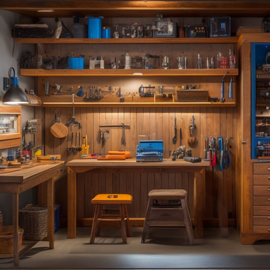 A well-lit, modern workshop with a sturdy, wooden wall-mounted workbench featuring a vice, hooks, and a pegboard, surrounded by neatly organized tools and a few half-finished woodworking projects.