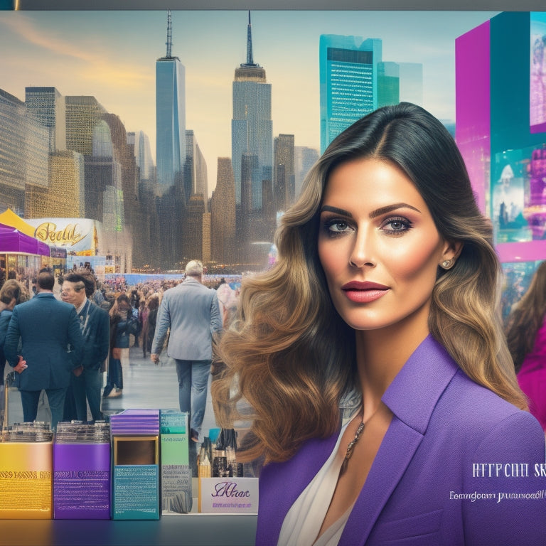 A stylized illustration of a confident beauty professional standing in front of a bustling IBS NY show floor, surrounded by colorful product displays and busy attendees, with a subtle NYC cityscape in the background.