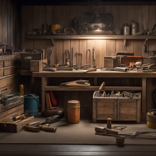 A clutter-free, well-lit workshop background with a partially open, wooden tool box in the center, filled with a variety of organized tools, including a hammer, pliers, screwdrivers, and wrenches.