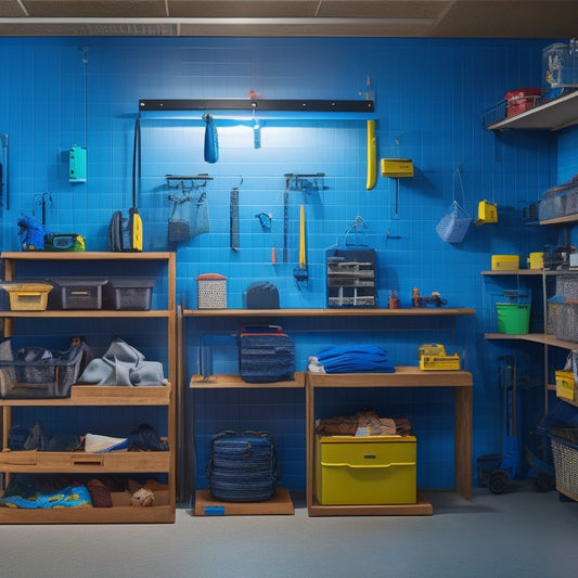 A clutter-free workshop with a pegboard-covered wall, hooks holding hoses and cables, a compact rolling toolbox, and a suspended shelf storing bins and baskets, all illuminated by a single overhead LED light.