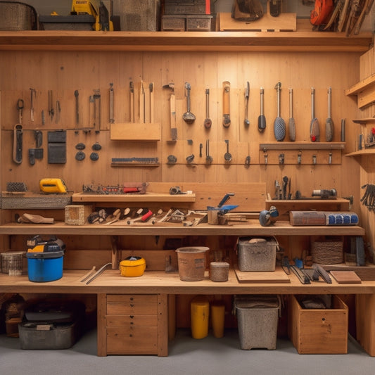 A well-organized woodshop with neatly arranged tools on pegboards, a tidy workbench with a single, half-completed woodworking project, and a few neatly labeled storage bins in the background.